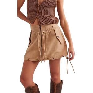 Free People We The Free Sierra Faux Suede Mini Skirt Tan Size 4 Western Lace Up